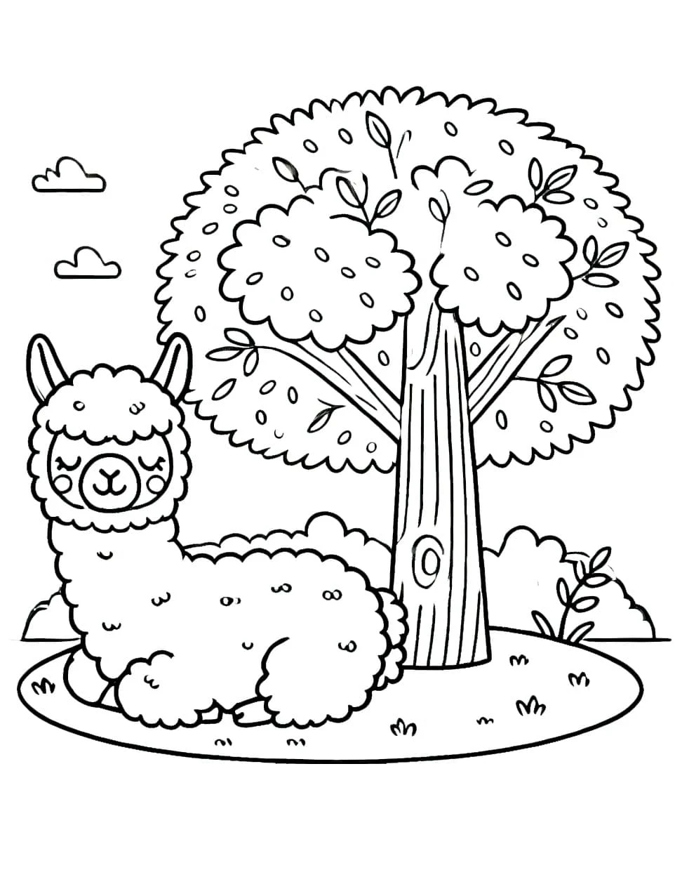 Disegno Alpaca sdraiato sotto un albero da colorare