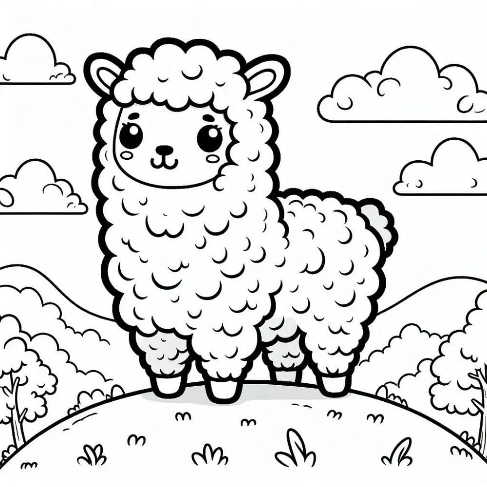 Disegno Alpaca in piedi su una collina erbosa da colorare