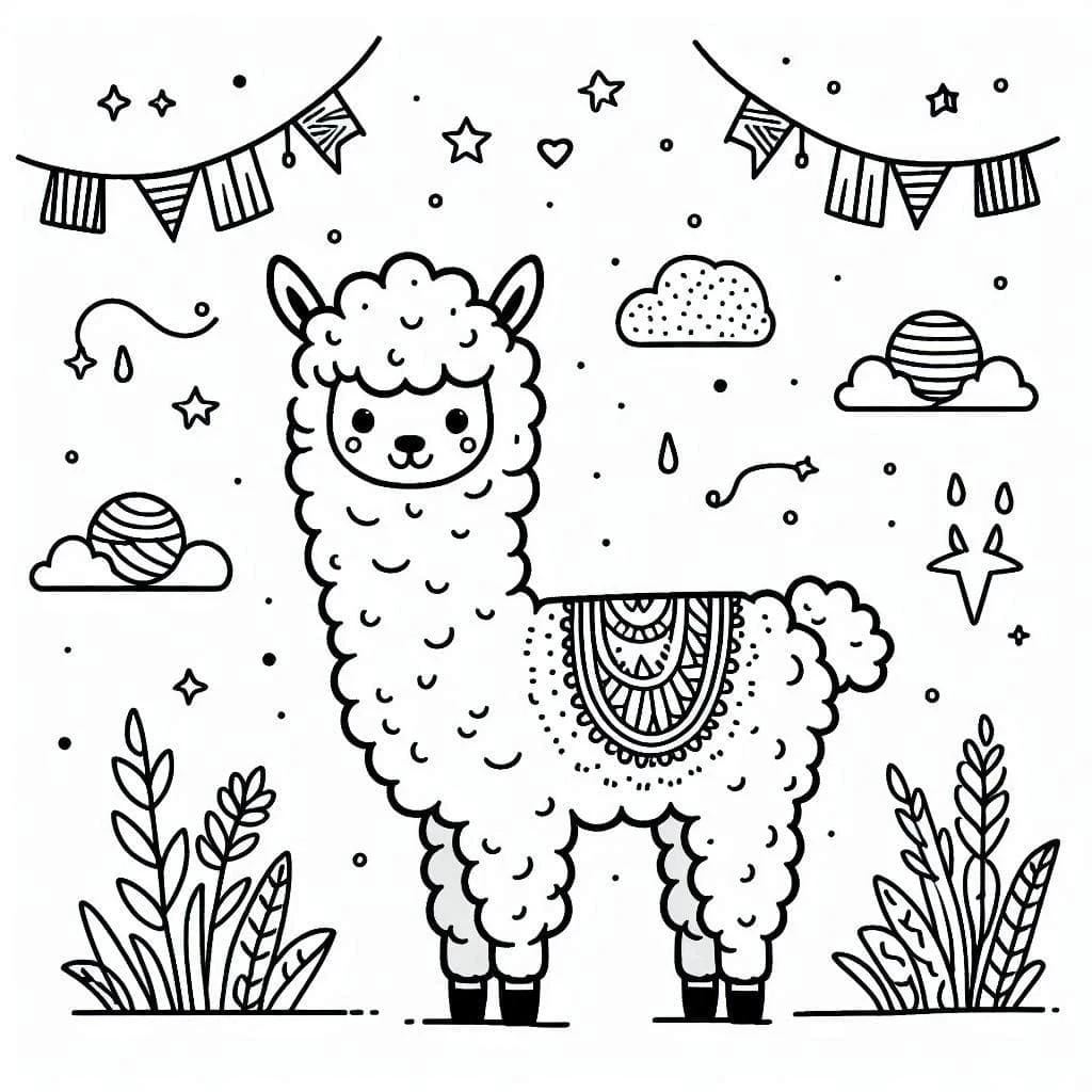 Disegno Alpaca in piedi sotto festoni e stelle da colorare