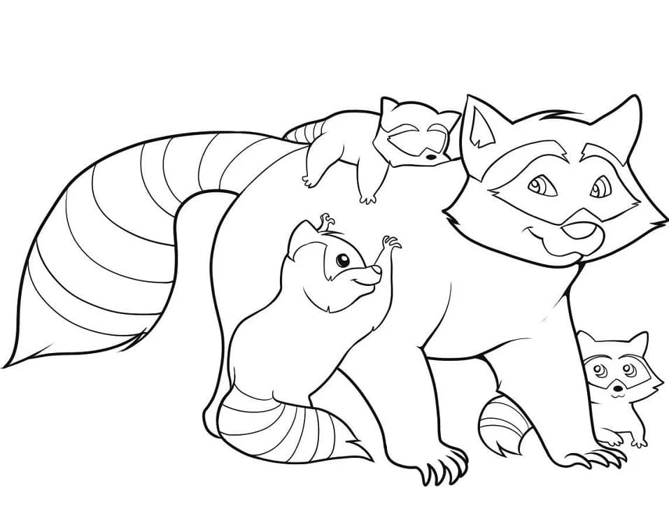 Disegno Famiglia di procioni con tre cuccioli da colorare Disegno Famiglia di procioni con tre cuccioli da colorare