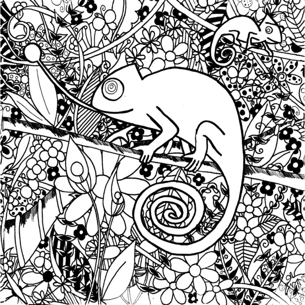 Disegno Camaleonte su un ramo tra i fiori da colorare Disegno Camaleonte su un ramo tra i fiori da colorare