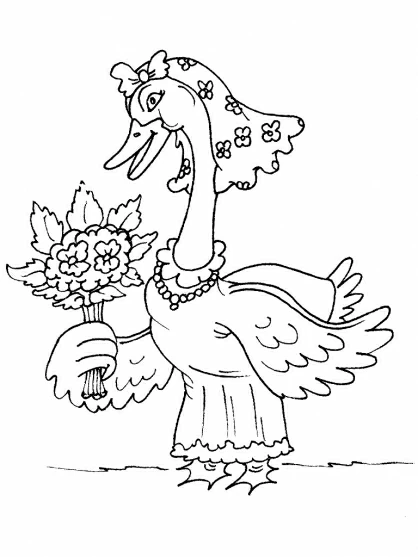 Disegno Cigno vestito da dama con un mazzo di fiori da colorare