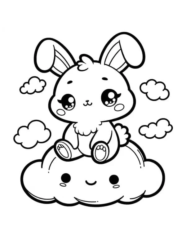 Disegno Coniglio Kawaii seduto su una nuvola sorridente da colorare Disegno Coniglio Kawaii seduto su una nuvola sorridente da colorare