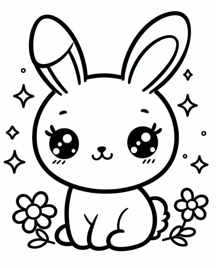 Disegno Coniglio Kawaii seduto tra i fiori da colorare Disegno Coniglio Kawaii seduto tra i fiori da colorare