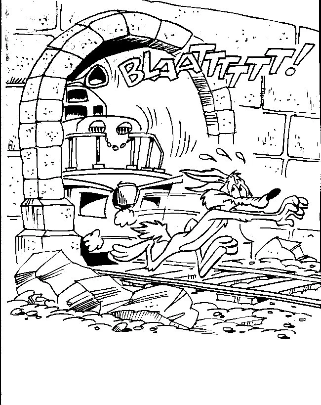 Disegno Coyote in fuga da un treno nel tunnel da colorare
