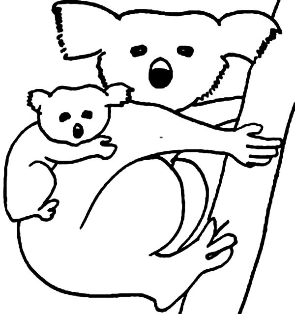 Disegno Koala che porta il suo cucciolo su un tronco da colorare