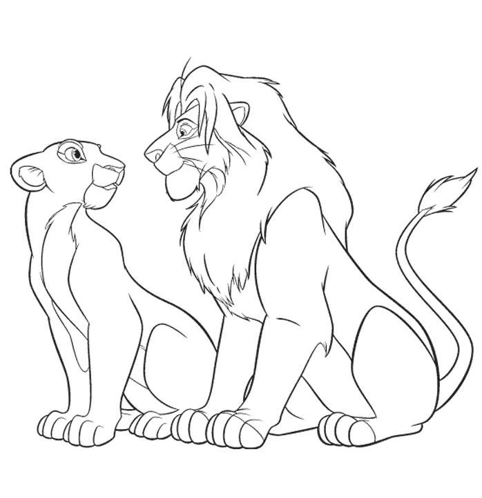 Disegno Leone Simba e Nala seduti insieme da colorare Disegno Leone Simba e Nala seduti insieme da colorare