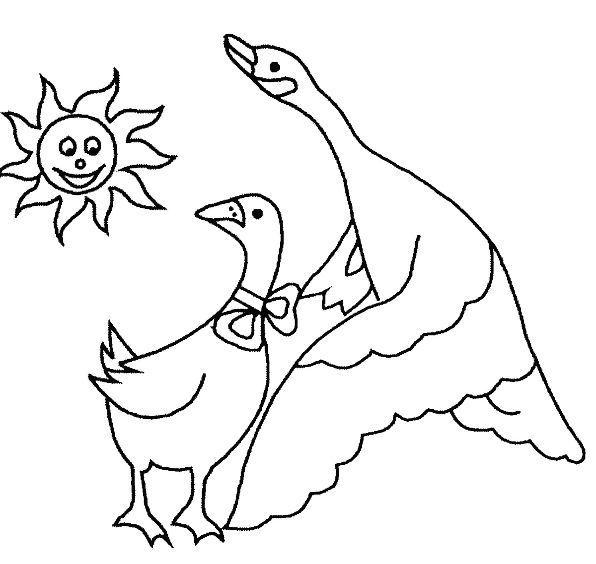 Disegno Oche in piedi sotto un sole sorridente da colorare