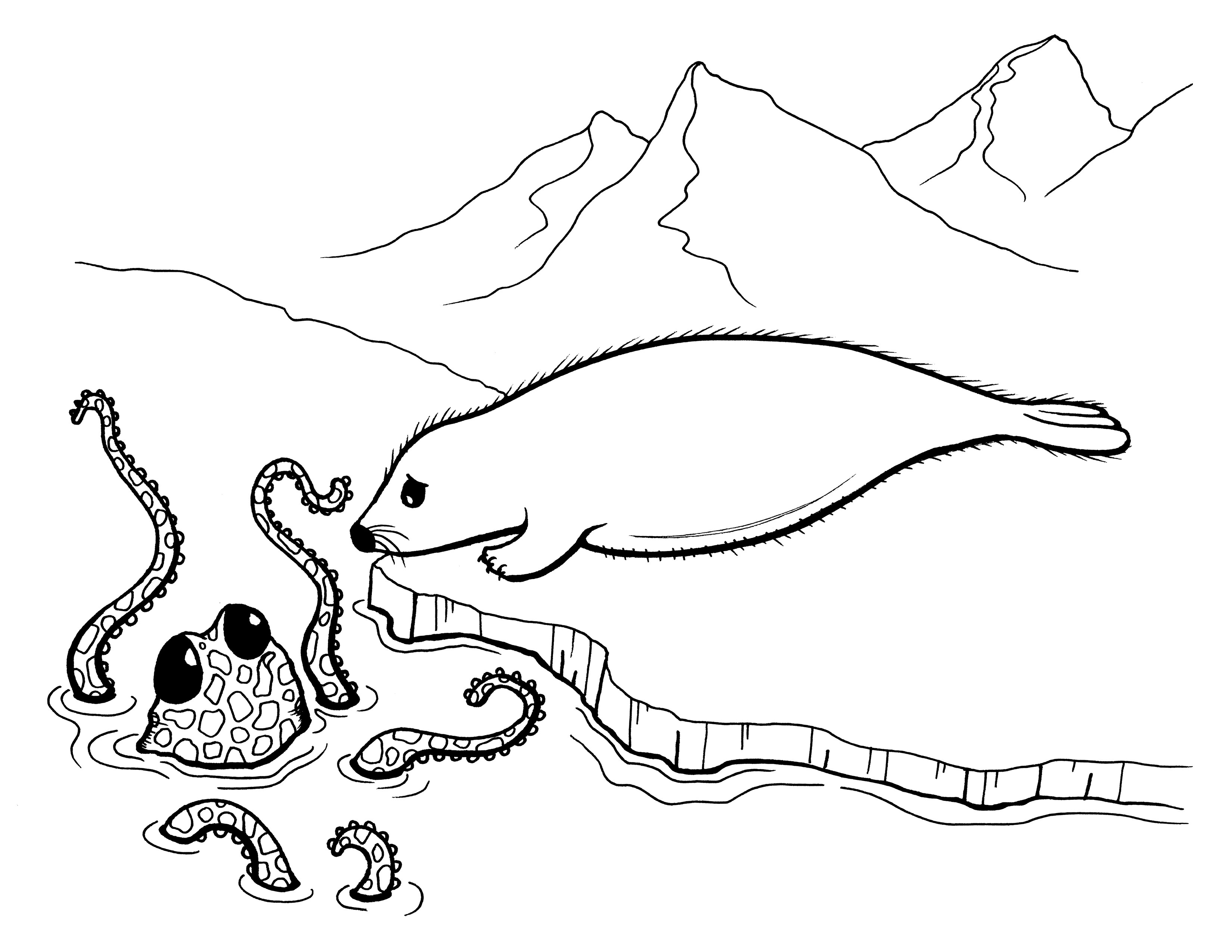 Disegno Polpo di fronte a una foca sul ghiaccio da colorare