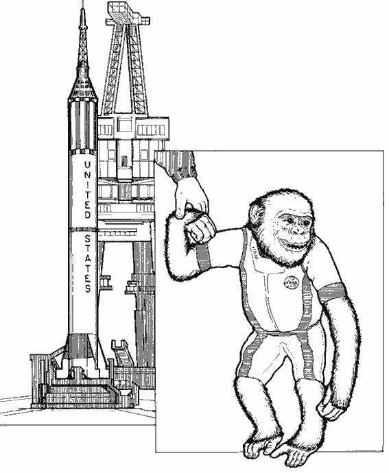 Disegno Scimpanzé Ham in tuta spaziale vicino a un razzo da colorare