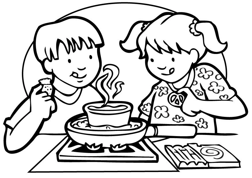 Disegno Cuoco bambini che preparano un pasto caldo sui fornelli da colorare Disegno Cuoco bambini che preparano un pasto caldo sui fornelli da colorare