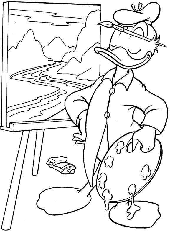 Disegno Pittore Donald Duck davanti al cavalletto da colorare