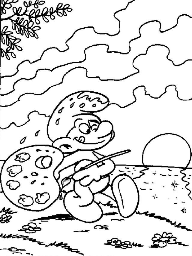 Disegno Pittore puffo con tavolozza e pennello da colorare