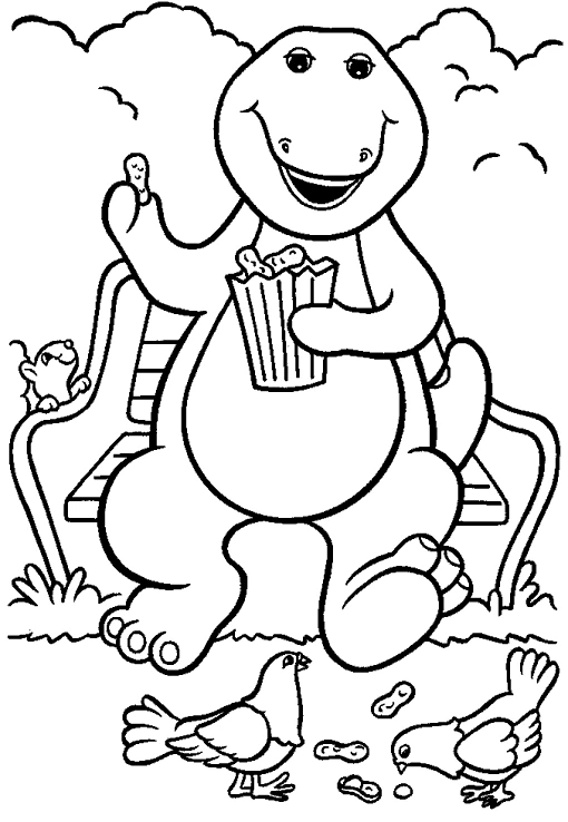 Disegno Barney che nutre i piccioni su una panchina da colorare