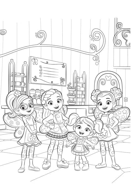 Disegno Butter Beans Cafe bambine riunite nella pasticceria da colorare