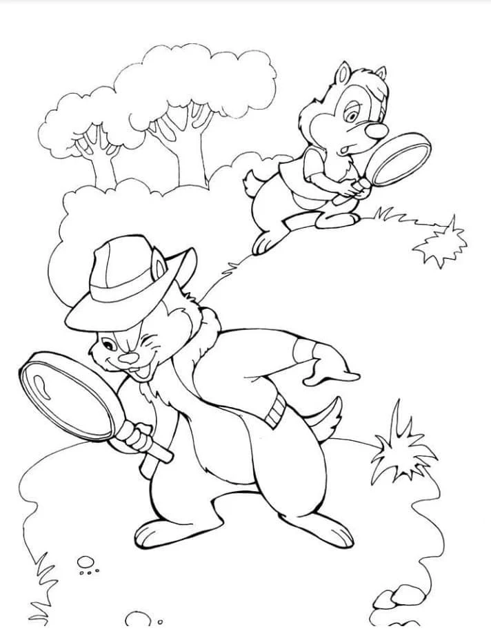 Disegno Chip e Dale detective con le lenti d'ingrandimento da colorare