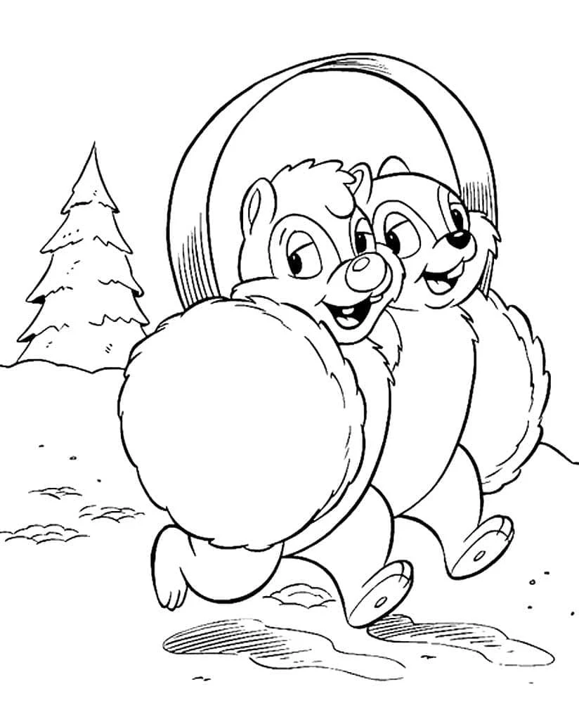 Disegno Chip e Dale che portano un'enorme palla di neve da colorare