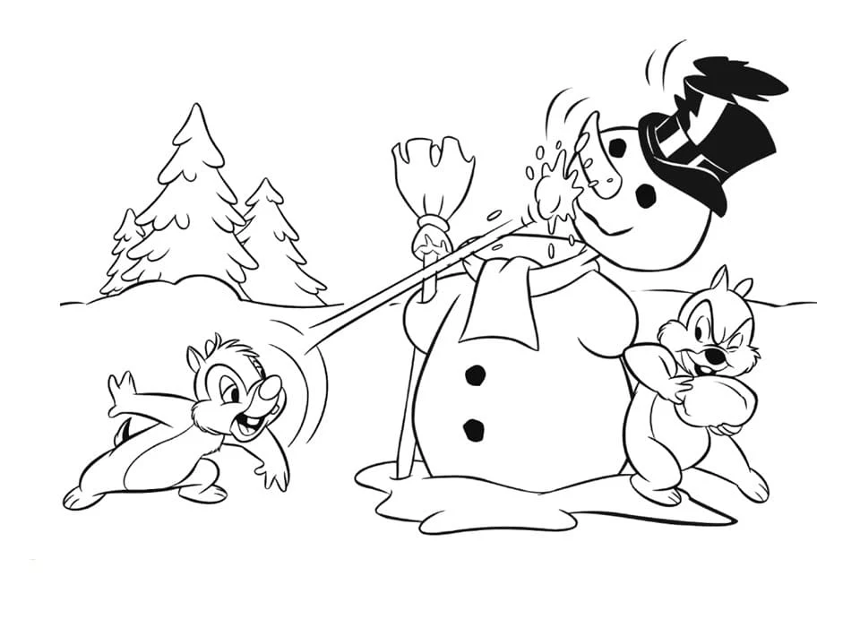 Disegno Chip e Dale che giocano con un pupazzo di neve da colorare