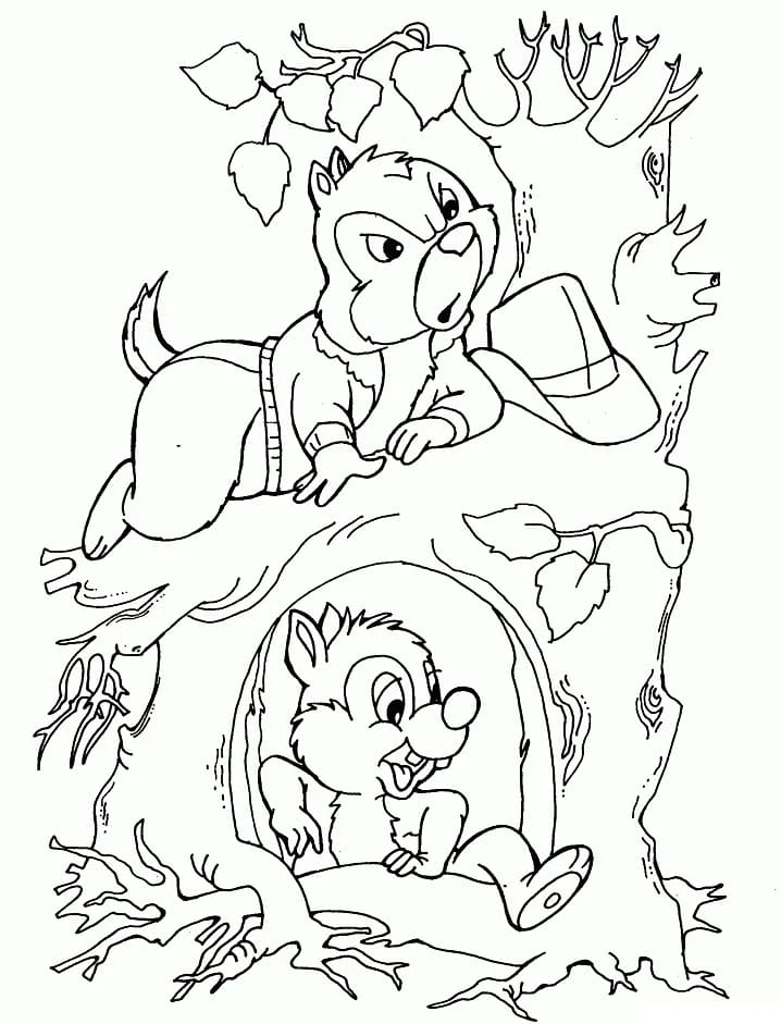 Disegno Chip e Dale che esplorano un tronco cavo da colorare