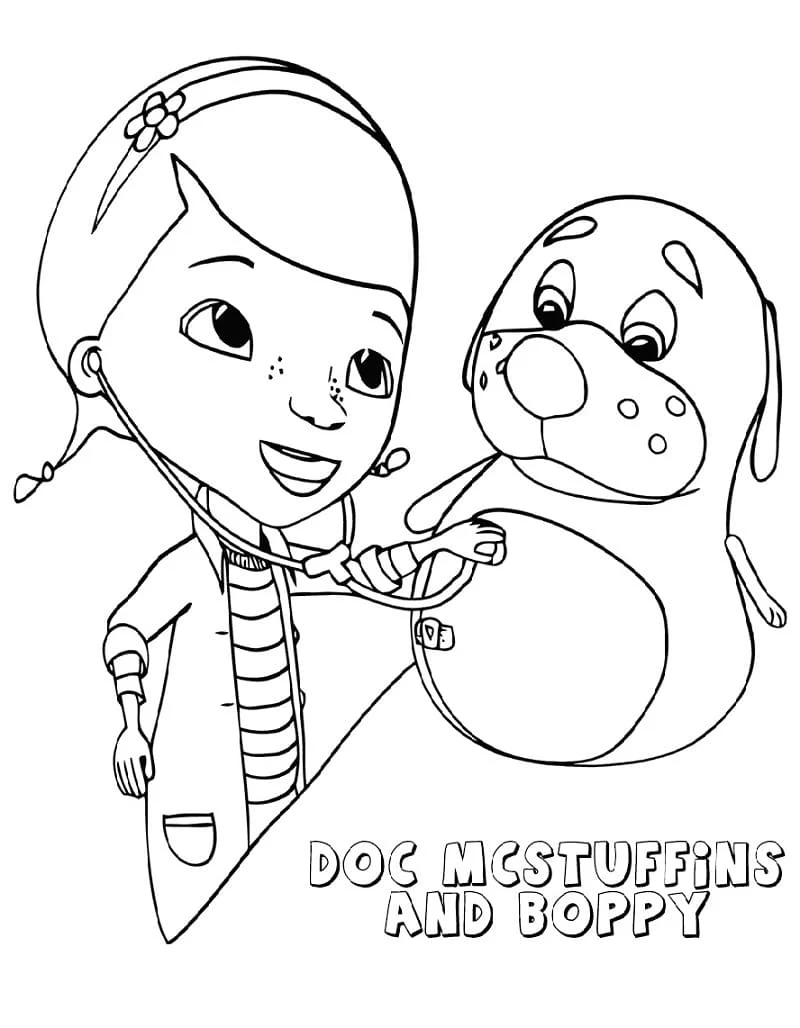 Disegno Doc McStuffins che esamina Boppy con lo stetoscopio da colorare