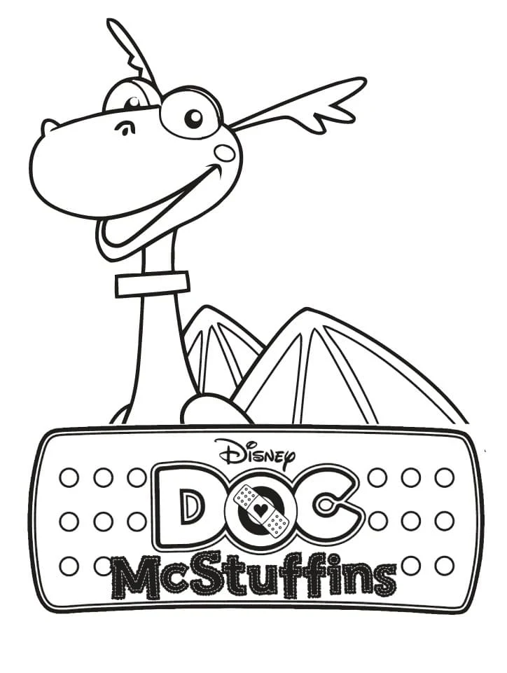 Disegno Toufy il Drago dietro il logo di Doc McStuffins da colorare