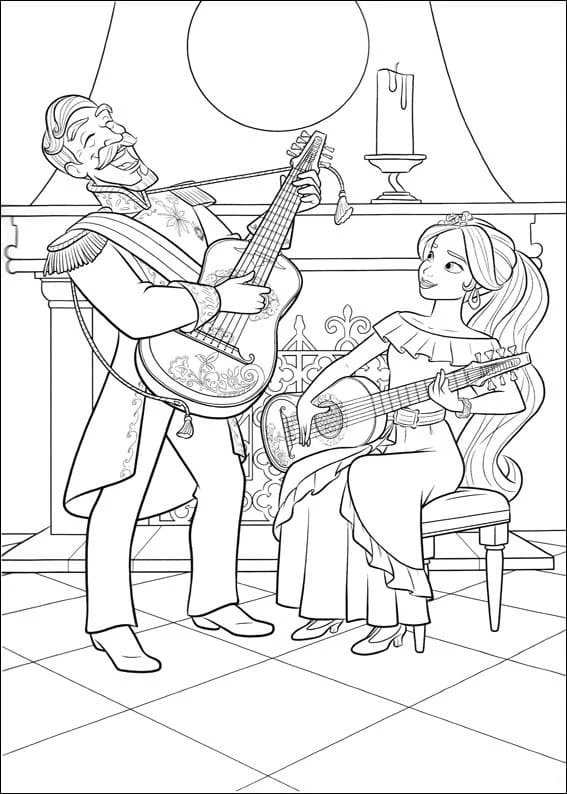 Disegno Elena di Avalor suona la chitarra con il nonno da colorare Disegno Elena di Avalor suona la chitarra con il nonno da colorare