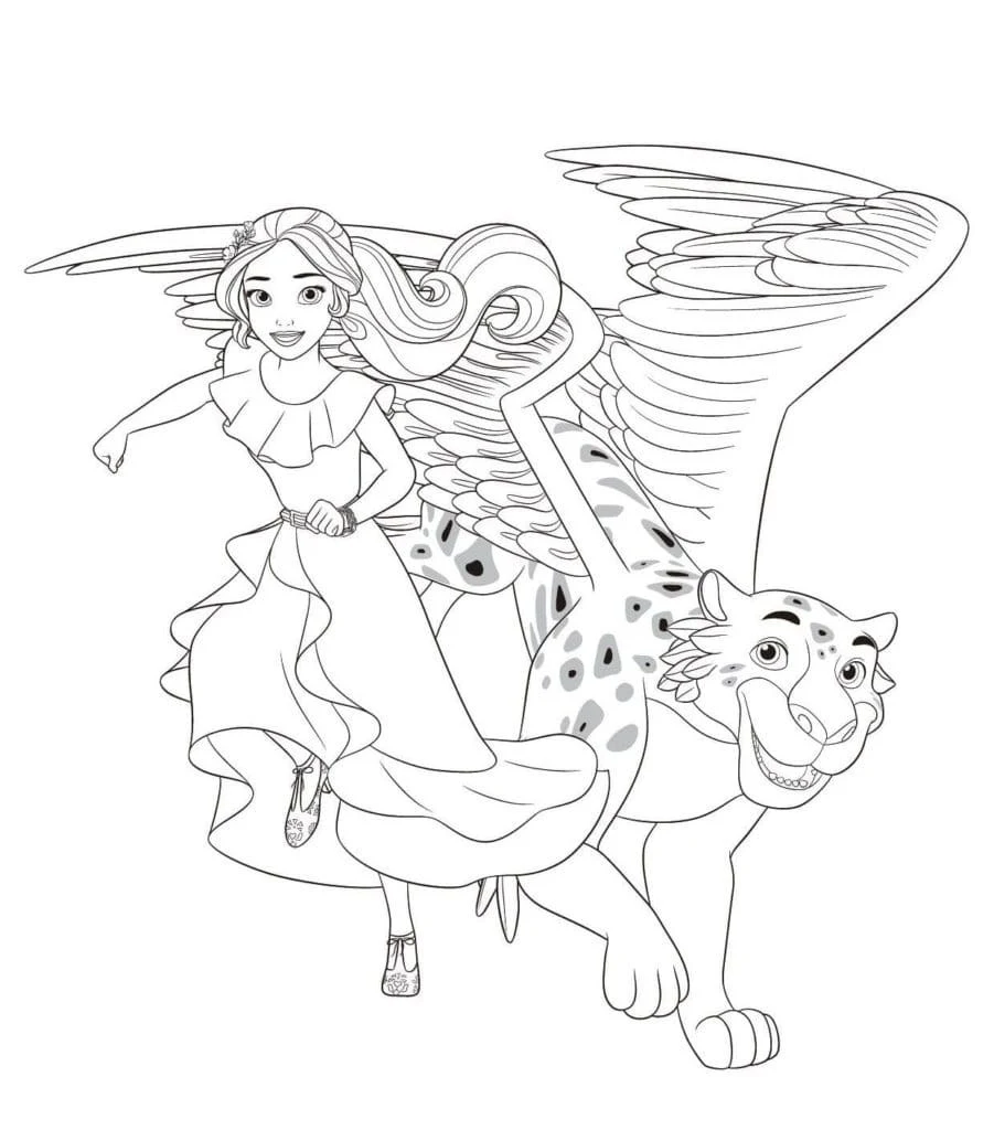 Disegno Elena di Avalor in volo con un giaguaro alato da colorare