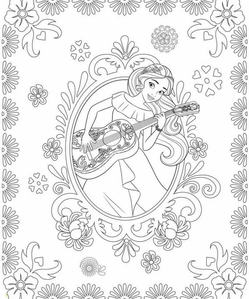 Disegno Elena di Avalor suona la chitarra in una cornice floreale da colorare
