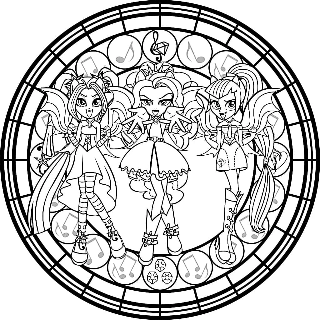 Disegno Le Dazzlings in un mandala musicale di Equestria Girls da colorare