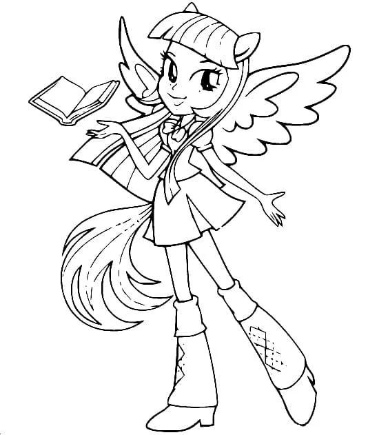 Disegno Twilight Sparkle vola con un libro da colorare Disegno Twilight Sparkle vola con un libro da colorare