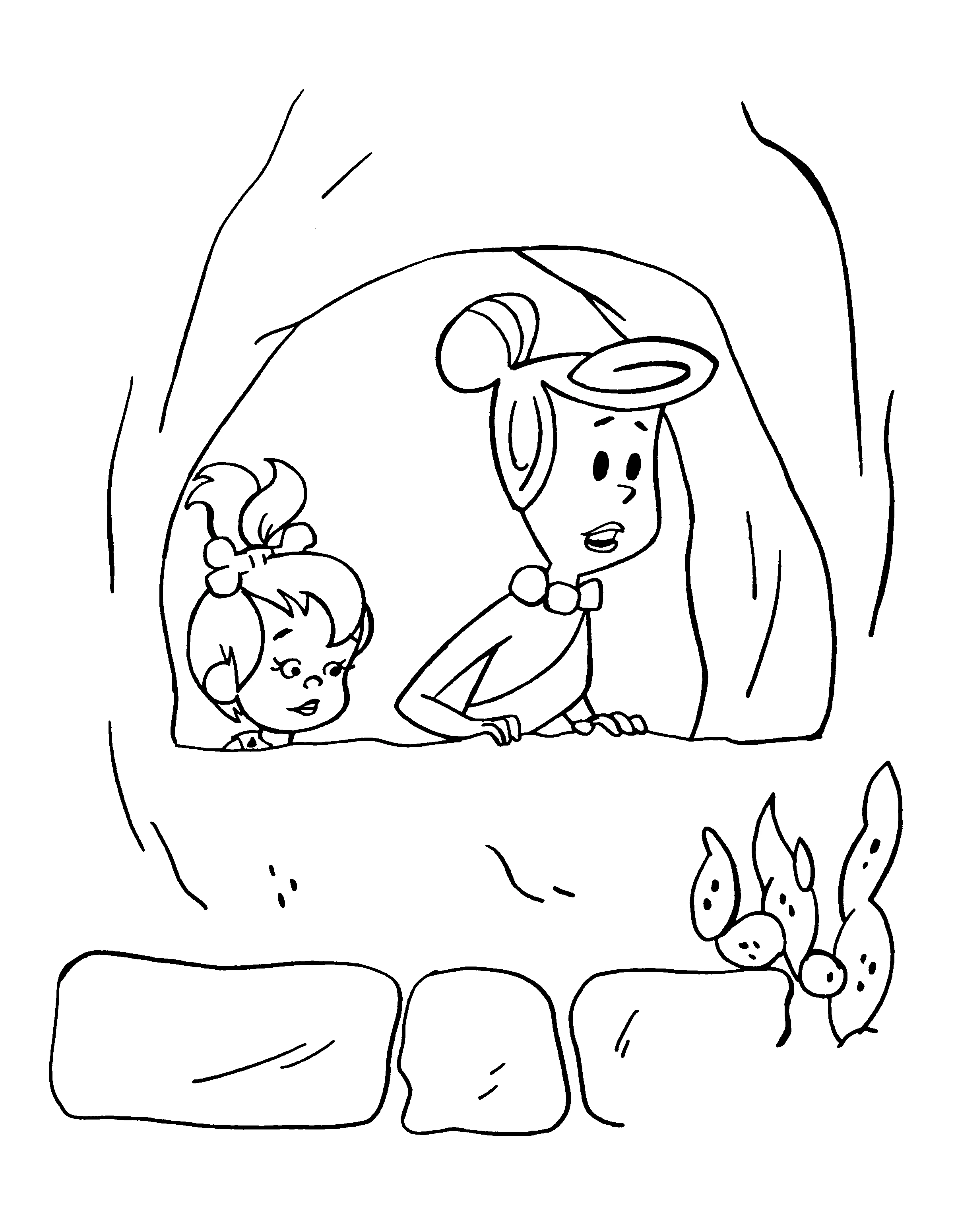 Disegno Wilma e Pebbles che guardano fuori dalla caverna da colorare