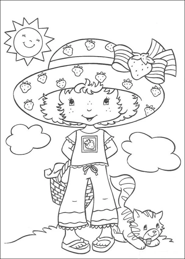 Disegno Glimmerberry Ball con cappello di fragole e la sua gatta da colorare Disegno Glimmerberry Ball con cappello di fragole e la sua gatta da colorare