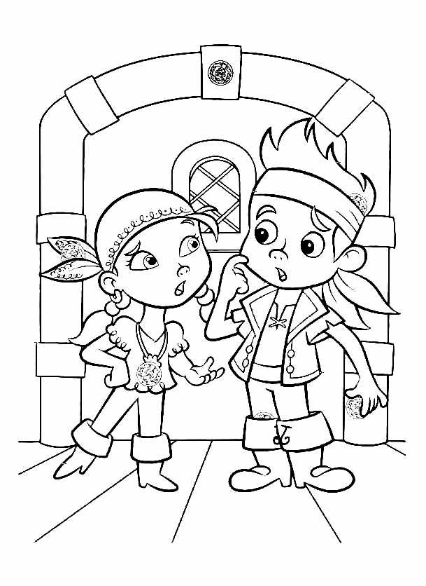 Disegno Jake e Izzy che parlano sotto un arco di pietra da colorare