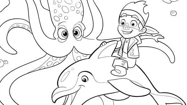 Disegno Jake in sella a un delfino vicino a un polpo da colorare