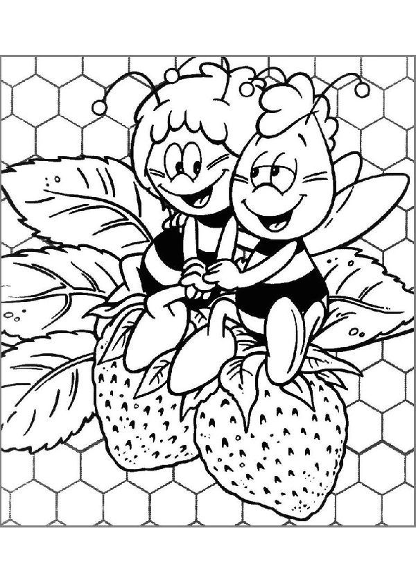 Disegno L'Ape Maia e Willy seduti su fragole da colorare Disegno L'Ape Maia e Willy seduti su fragole da colorare