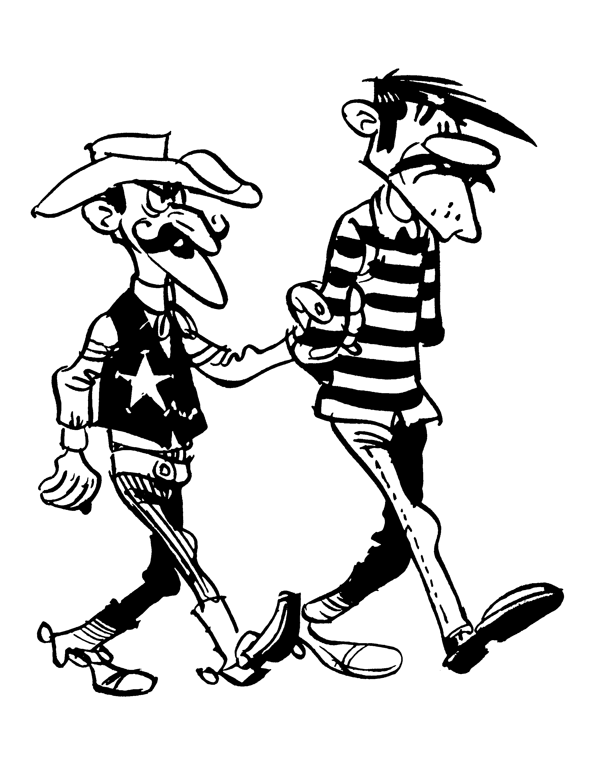 Disegno Lucky Luke che scorta un fratello Dalton ammanettato da colorare Disegno Lucky Luke che scorta un fratello Dalton ammanettato da colorare