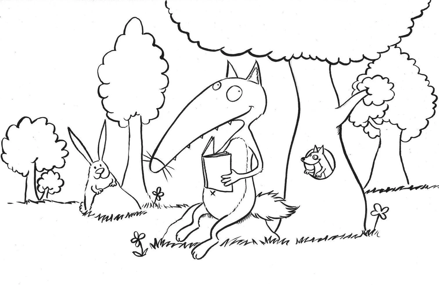 Disegno Lupo Auzou legge un libro nella foresta da colorare Disegno Lupo Auzou legge un libro nella foresta da colorare