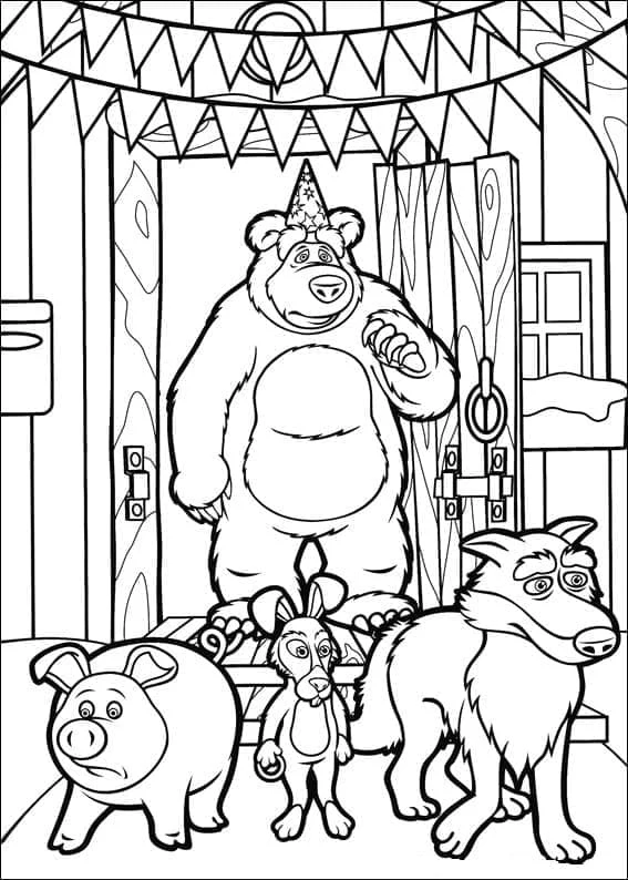Disegno Masha e the Bear con maiale, capra e lupo da colorare Disegno Masha e the Bear con maiale, capra e lupo da colorare