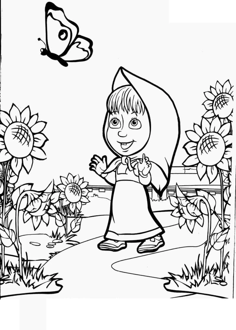 Disegno Masha ammira una farfalla tra i girasoli da colorare Disegno Masha ammira una farfalla tra i girasoli da colorare