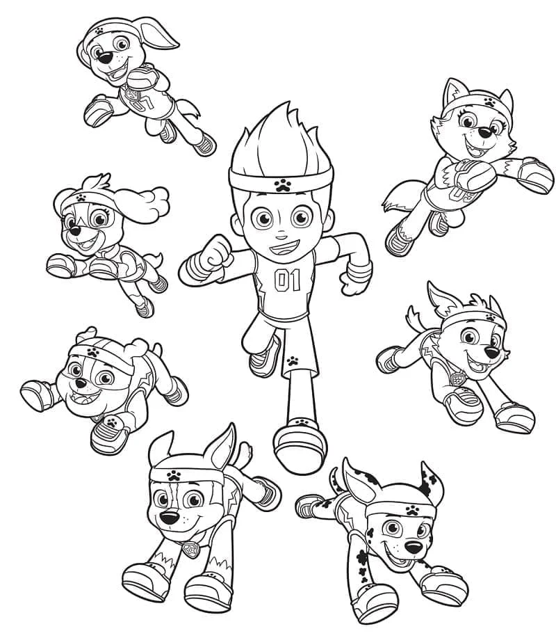 Disegno Paw Patrol Ryder e la sua squadra di cuccioli in pose d'azione da colorare