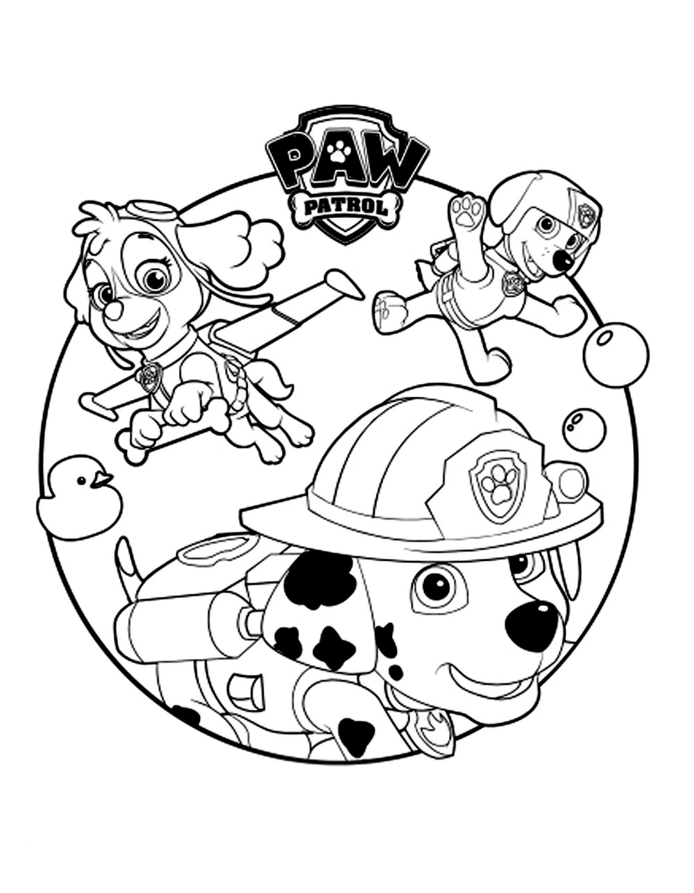 Disegno Paw Patrol: Skye, Zuma e Marshall in azione da colorare Disegno Paw Patrol: Skye, Zuma e Marshall in azione da colorare