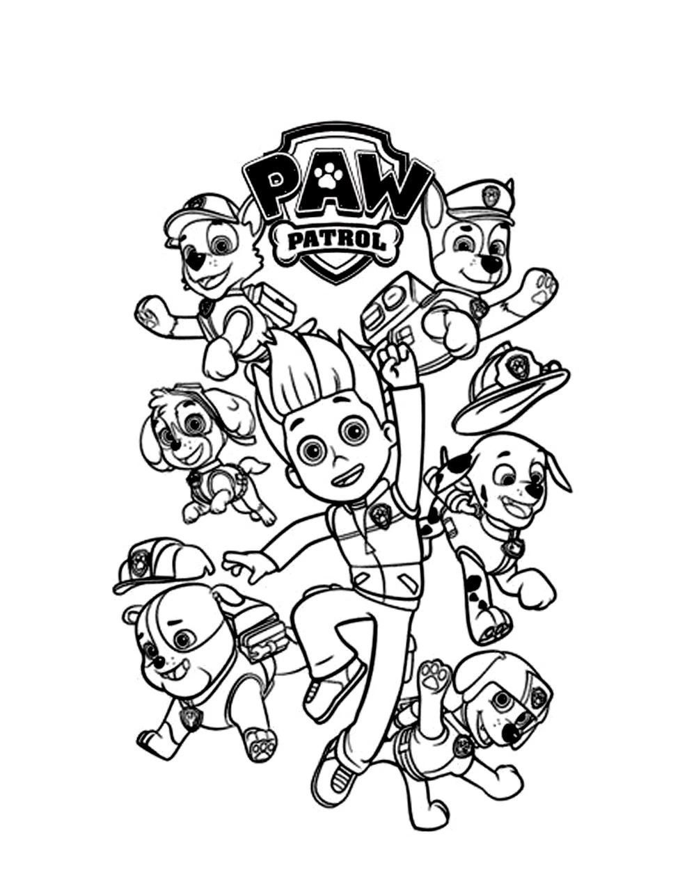 Disegno Paw Patrol con Ryder e i cuccioli da colorare