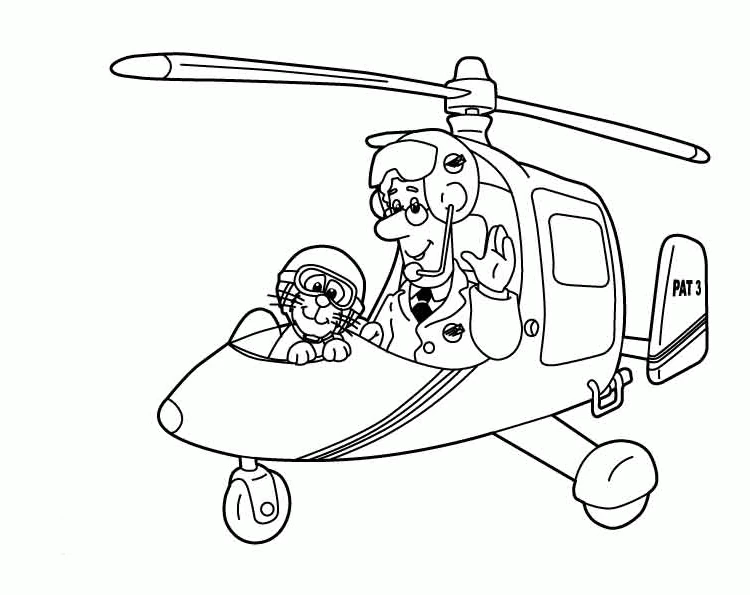 Disegno Postman Pat pilota il suo elicottero con Jess da colorare