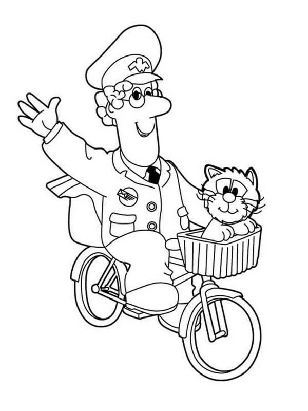 Disegno Postman Pat che saluta dalla sua bicicletta da colorare