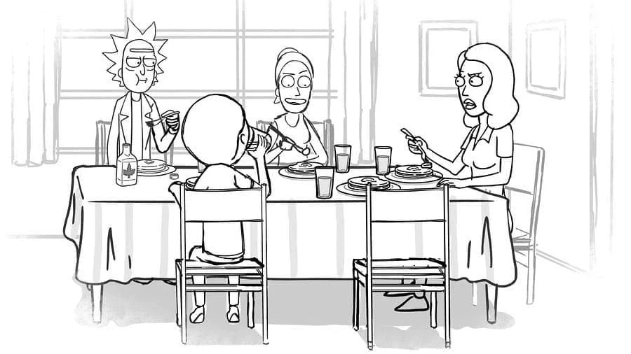 Disegno Morty e la sua famiglia a cena da colorare