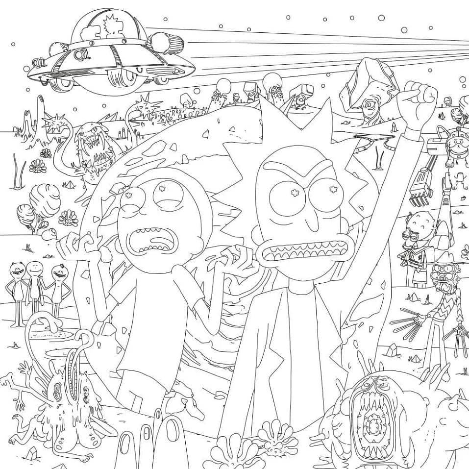 Disegno Rick e Morty in un'avventura su un pianeta alieno da colorare