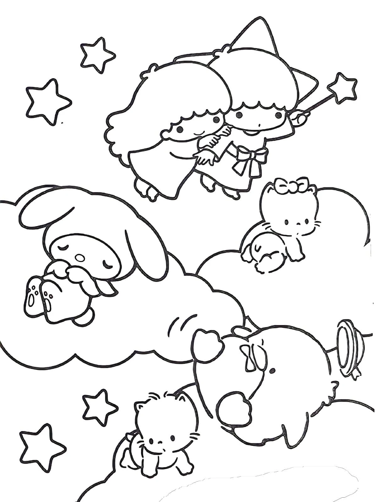Disegno Little Twin Stars e amici Sanrio tra le nuvole da colorare Disegno Little Twin Stars e amici Sanrio tra le nuvole da colorare