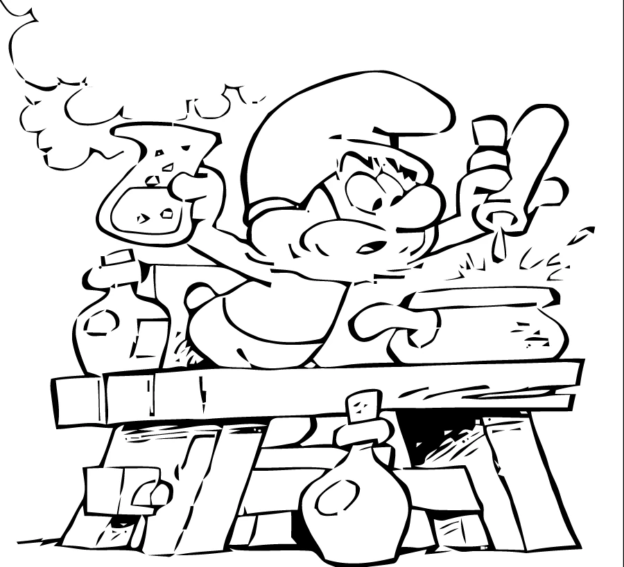 Disegno Smurf prepara una pozione al suo banco di lavoro da colorare Disegno Smurf prepara una pozione al suo banco di lavoro da colorare