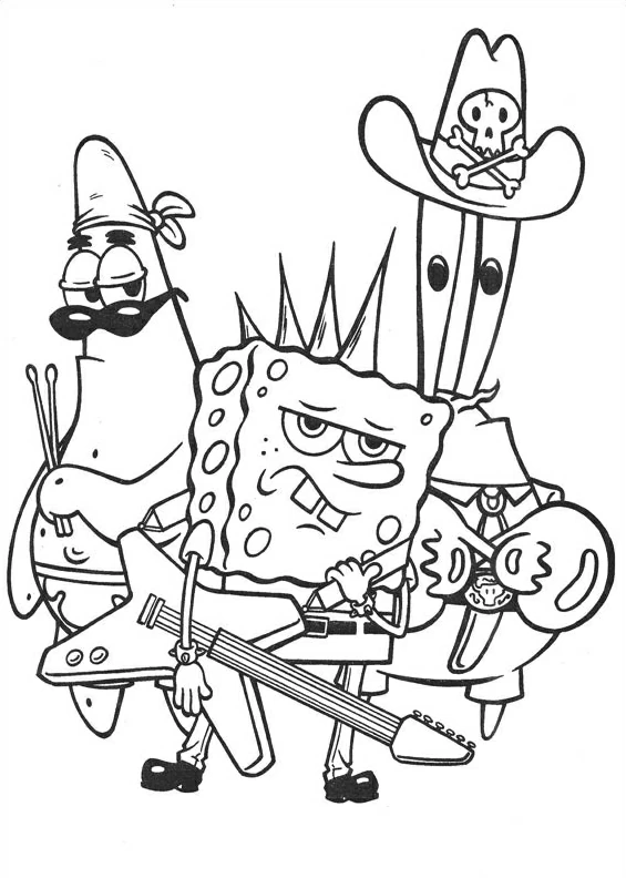 Disegno SpongeBob suona la chitarra con Patrick e Squiddi da colorare Disegno SpongeBob suona la chitarra con Patrick e Squiddi da colorare
