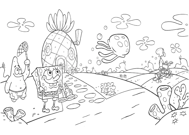 Disegno SpongeBob e Patrick vicino alla casa ananas da colorare Disegno SpongeBob e Patrick vicino alla casa ananas da colorare